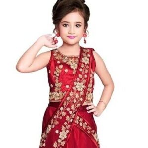 White Button Girls Stone & Embroidery Half Saree Style Lehenga Choli